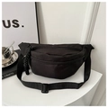 Close-up of black nylon waist bag with unique woven knot zipper pulls and adjustable strap - Black