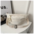 Detail of off-white canvas sling bag with double zippers and adjustable strap - White