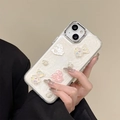 Λαμπερή θήκη iPhone με τρισδιάστατο αρκουδάκι και κουνέλι, λουλούδια από ρητίνη - Επιμεταλλωμένο πλαίσιο-Λευκό Glitter-Τριαντάφυλλο Αρκούδα Κουνέλι / iPhone 7/8/SE 2020