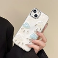 Detail of pearlescent iPhone case with 3D clouds and crystal raindrops decor - Pearlescent Cloud Style (Model 7/8/SE)
