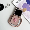 Funda de cuero rosa para móvil plegable con oso de strass y correa de cadena - Oso de Diamantes Galvanizado-Cadena Corta / Rosa / Samsung Z Fold3