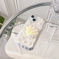 Detalle de funda iPhone con diseño de crema 3D, soporte de concha y copos de perlas - iPhone 7/8/SE 2020 / Concha de Arena Movediza de Copo de Nieve - Amarillo