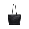 Minimalist black leather tote bag with cartoon embossed heart patterns and top handles - With Ornament / Black
