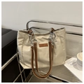 Dettaglio della borsa tote in tela con tracolla in pelle marrone e catena d'argento su supporto - Cachi