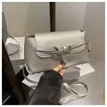 Detail of silver metallic handbag with knotted buckle and fine strap on white display - Silver