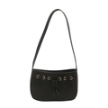 Minimalist black faux leather shoulder bag with drawstring knot and gold eyelets - Black