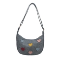 Borsa a tracolla a mezzaluna in tela grigia con cuori in pelle colorati per un look casual - Blu