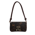 Retro dark brown leather shoulder bag with orange letter prints and gold M buckle - Brown