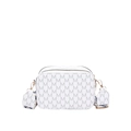 White monogram crossbody bag with grey letter prints and wide woven strap - White