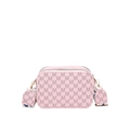 Pink retro camera bag with M-pattern print and wide geometric woven shoulder strap - Pink