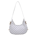 White crescent underarm bag with silver M-letter print and golden metal hardware - White