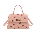 Pink corduroy crossbody bag with red strawberry print and golden rotating metal buckle - Pink Strawberry Print