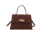 Brown corduroy crossbody bag with red strawberry print and golden metal turn-lock closure - Brown Strawberry Print