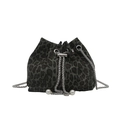 Leopard print bucket bag with silver metal chain drawstring and pearl charms on white background - Green
