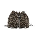 Fashionable leopard print canvas bucket bag with silver chain and pearl drawstring details - Khaki