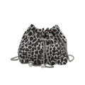 Stylish leopard print bucket bag with metal chain drawstring and pearl accents - White