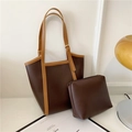 Grande borsa tote bicolore marrone con pochette coordinata e tracolla regolabile - Set da 2 pezzi (Tote + Pochette interna) / Marrone
