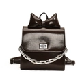 Deep brown patent leather backpack with large bow detail and silver metal chain accessory - Coffee
