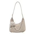 Minimalist beige crescent shoulder bag with silver chain and plush cloud charm - White with Pendant