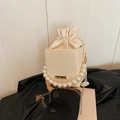 Chic cream mini box bag with pearl handle, pleated texture and gold chain strap - White