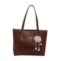 Große braune Leder-Tote-Bag für Damen mit einem weißen Plüschpuppen-Anhänger - Braun Mit Anhänger