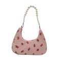 Pink corduroy hobo bag with strawberry prints and a white pearl chain handle - Pink