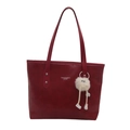 Dark red marble textured tote bag with PU leather finish and cute plush charm - Red with Pendant