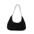 Black corduroy crescent shoulder bag with strawberry embroidery and pearl chain handle - Black