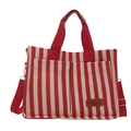 Minimalistische rood-wit gestreepte canvas draagtas met verstelbare schouderband en leren label - Rood