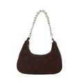 Brown corduroy hobo bag with strawberry print and white faux pearl handle on white background - Brown