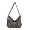 Large leopard print canvas hobo tote bag for women featuring a stylish shoulder strap - White