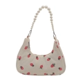 Cute strawberry corduroy underarm bag with pearl strap and minimalist beige design - White