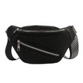 Black studded crossbody bag with silver zippers and wide black-white patterned strap - Black