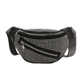 Black nylon chest bag with silver metal studs and a black-white woven wide strap - Silver