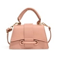 Minimalist light pink pebble leather handbag with gold hardware and trapezoid top handle - Pink