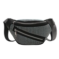 Fashionable black fanny pack with silver rhinestones and striped wide shoulder strap - Colorful
