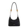 Minimalist black soft leather tote bag with unique orange beaded strap detail - Black