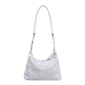 Silver metallic crescent hobo bag with glossy crinkle texture and white pearl accents - Gray