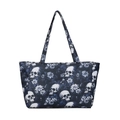 Deep blue tote bag with white skull and floral pattern print in a minimalist front view - Blue