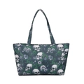 Large tote bag with gothic skull and purple floral print on white background - Green