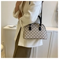 Beige quilted shell bag with brown clover patterns and black leather shoulder strap - Black