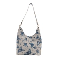 Minimalistische cremefarbene Schultertasche mit blauem Schmetterlingsdruck und Goldringen - Blau