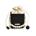 Checkered pearl handle handbag with black woven bucket body and ivory drawstring inner - Black