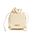 Cream pearl bucket bag featuring woven checkerboard texture and elegant gold chain strap - White