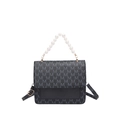 Retro black crossbody bag with M letter print and elegant white pearl top handle - Black