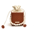 Caramel brown checkered square handbag with large pearl handle and drawstring closure - Brown