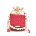 Pink checkered box handbag with pearl chain handle and cream drawstring pouch - Pink