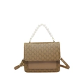 Brown monogram crossbody bag with pearl handle and contrast leather stitching - Brown