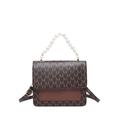 Brown monogram PU leather handbag with pearl bead handle and adjustable shoulder strap - Brown