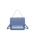 Blue denim crossbody bag with large pearl handle and adjustable shoulder strap for women - Blue
